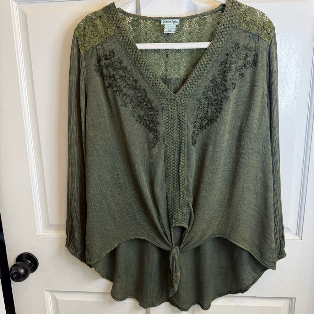 Women's Nostalgia Blouse Size M Green Lace Long Sleeve Top